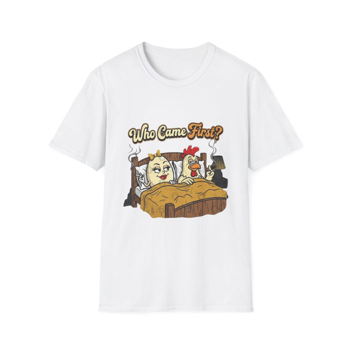 Who Came First T-Shirt — Funny Chicken & Egg Humor Tee | Adult Joke